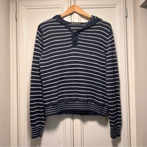 Vince 100% Linen Hooded Long Sleeve Sweater Blue White Striped Nautical Medium